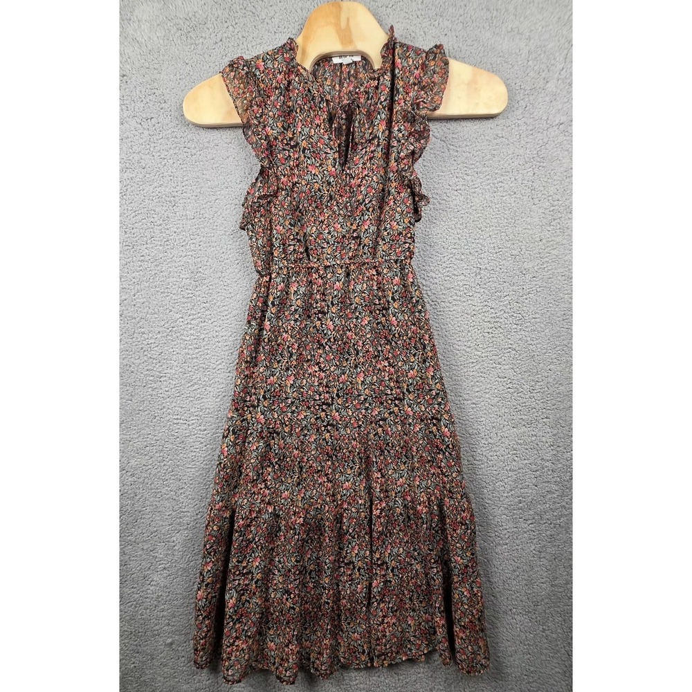 BB Dakota Dress Womens Medium Black Floral Chiffon Ruffle Maxi Lined Fit & Flare